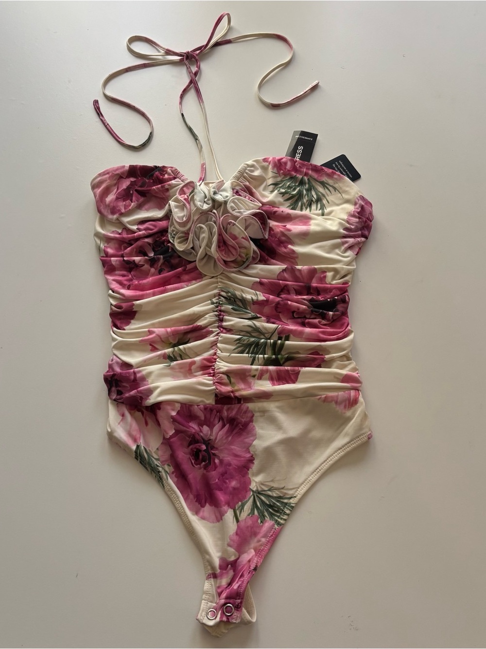 Express floral bodysuit XS ruched bodice with rosette Cottagecore feminine - Picture 2 of 8